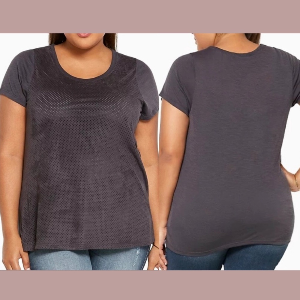 NWT $35 Torrid [PLUS SZ 2 ] Perforated Faux‎ Suede Tee Top in Grey